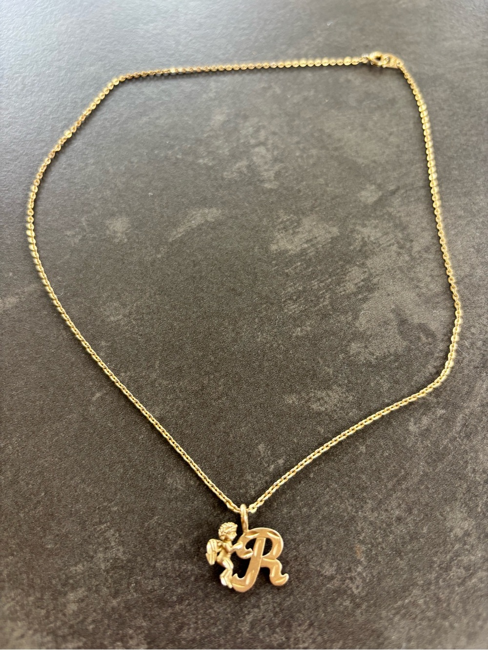 Gold Initial R Necklace with Cherub Pendant